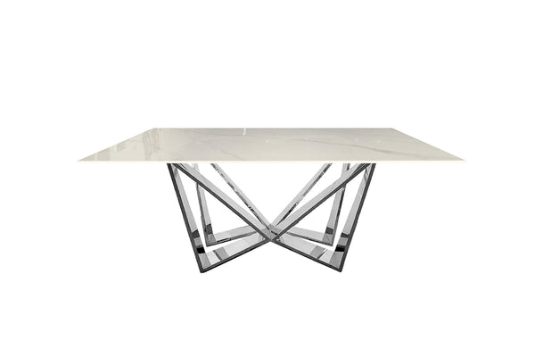 Elegant Lenox Dining Table in polished silver frame with luxurious white marble stone top