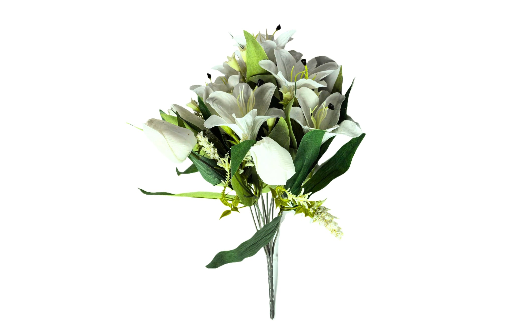  Elegant artificial lily and tulip bunch in white, perfect for timeless floral décor.