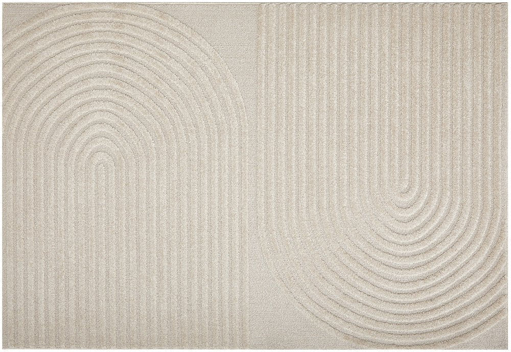  Elegant beige rug with modern textured design, perfect for adding warmth and style to interiors.