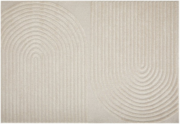  Elegant beige rug with modern textured design, perfect for adding warmth and style to interiors.