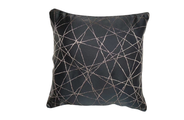 Lucy Designer Cushion in black with elegant metallic criss-cross design, styled for a modern luxury look.