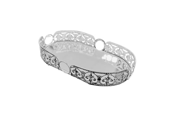  Large silver oval Lucy tray with ornate filigree sides and mirrored base – ideal for centerpieces or elegant serving.