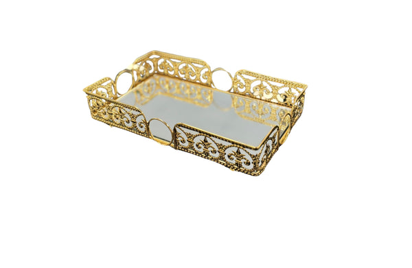 Large gold rectangle Lucy tray with elegant scrollwork and mirror base – ideal for serving or decor display.