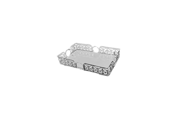 Medium silver rectangle Lucy tray with delicate details and glass bottom – a chic display piece.