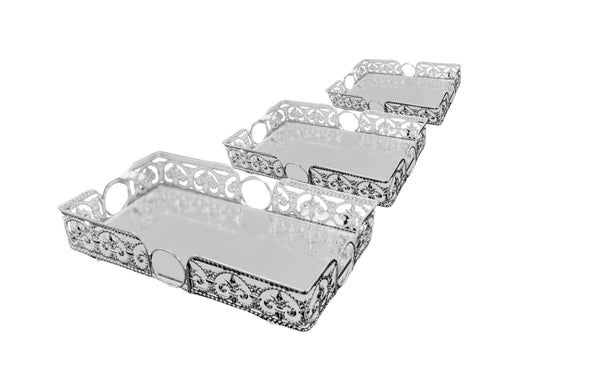 Set of 3 silver rectangle Lucy trays with mirrored bases and ornate filigree sides – timeless design for elegant presentation.