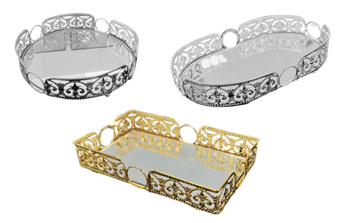 Set of 3 elegant Lucy trays in gold and silver with round, oval, and rectangle shapes – perfect for luxury serving or décor.
