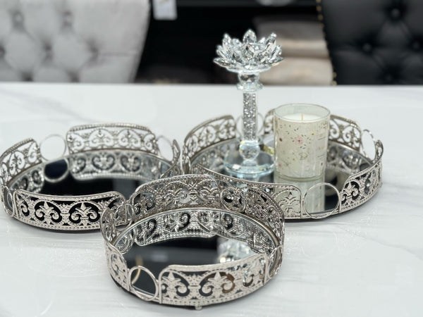 Styled silver Lucy tray set with candles and crystal decor on a marble table – adds luxury and charm to any space.