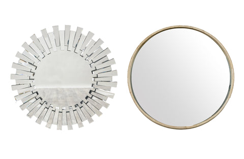 Luxe round wall mirrors, natural wood finish and mirror-on-mirror design styled together