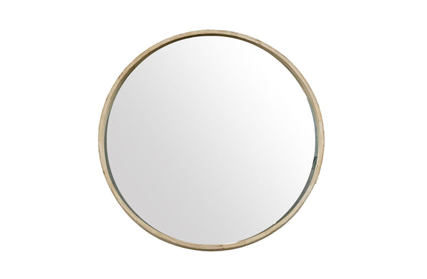 Elegant natural wood finish round mirror with sleek frame, perfect for console or wall