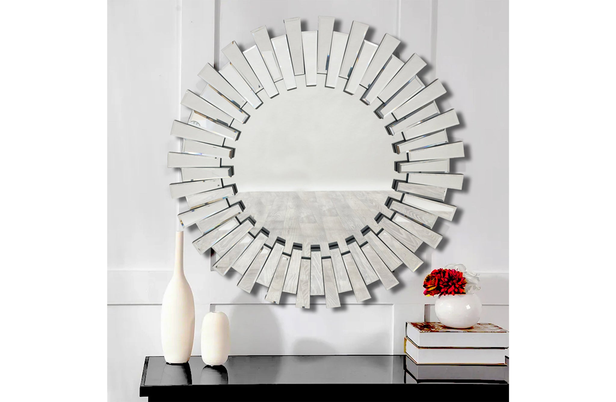 Modern Vogue mirror-on-mirror design styled above console with décor accessories