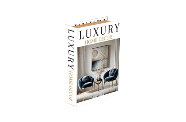 Medium white decorative book box with hidden storage and modern luxury typography design.