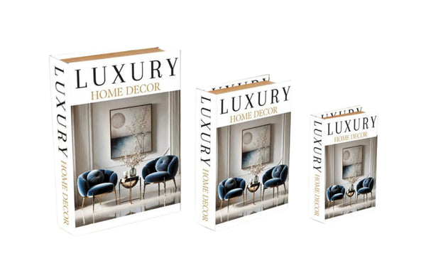 Set of three white faux book storage boxes in small medium and large sizes luxury home decor style.