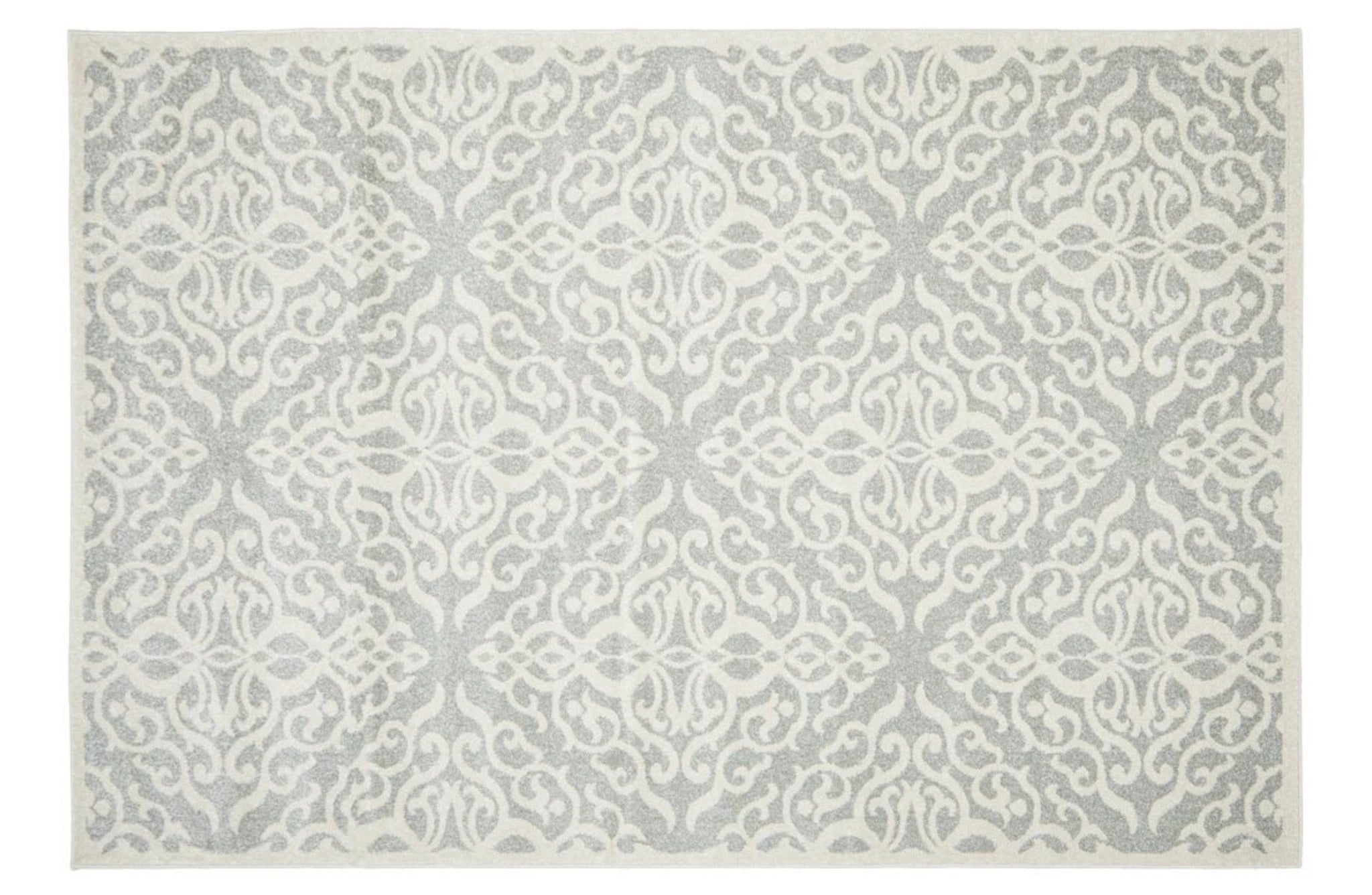Flat lay of Chrome Lydia Silver Rug with ornate pattern