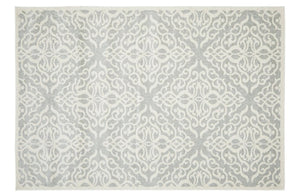 Flat lay of Chrome Lydia Silver Rug with ornate pattern