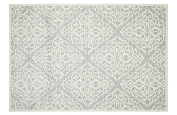 Flat lay of Chrome Lydia Silver Rug with ornate pattern
