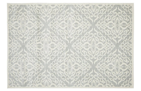 Flat lay of Chrome Lydia Silver Rug with ornate pattern