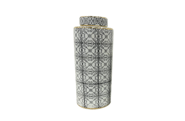 Tall ceramic canister with black patterns and gold trim for elegant home storage.