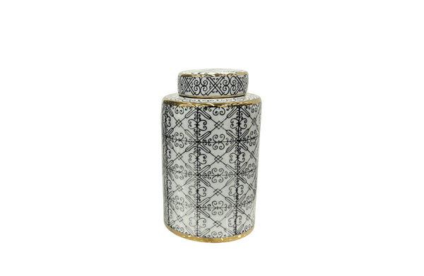Short ceramic canister with black patterns and gold detailing, perfect for décor accents.