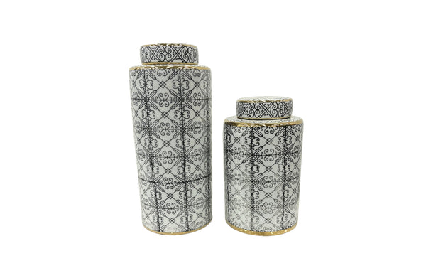 Elegant black and white ceramic canister set with gold trim, perfect for stylish storage.