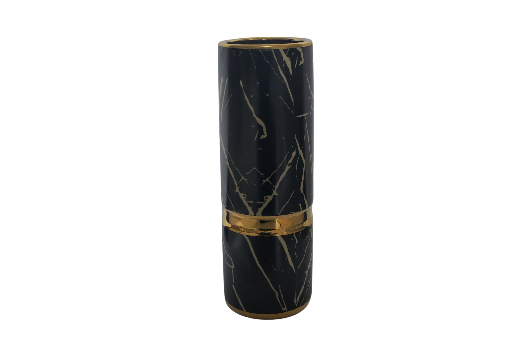 Elegant black marble flower vase with gold accents, perfect for modern floral displays.