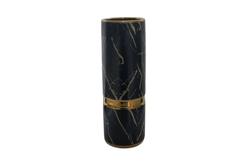 Elegant black marble flower vase with gold accents, perfect for modern floral displays.