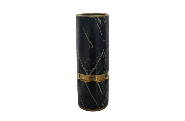 Elegant black marble flower vase with gold accents, perfect for modern floral displays.