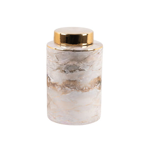  Small white and gold marble-effect ceramic ginger jar with glossy gold lid.