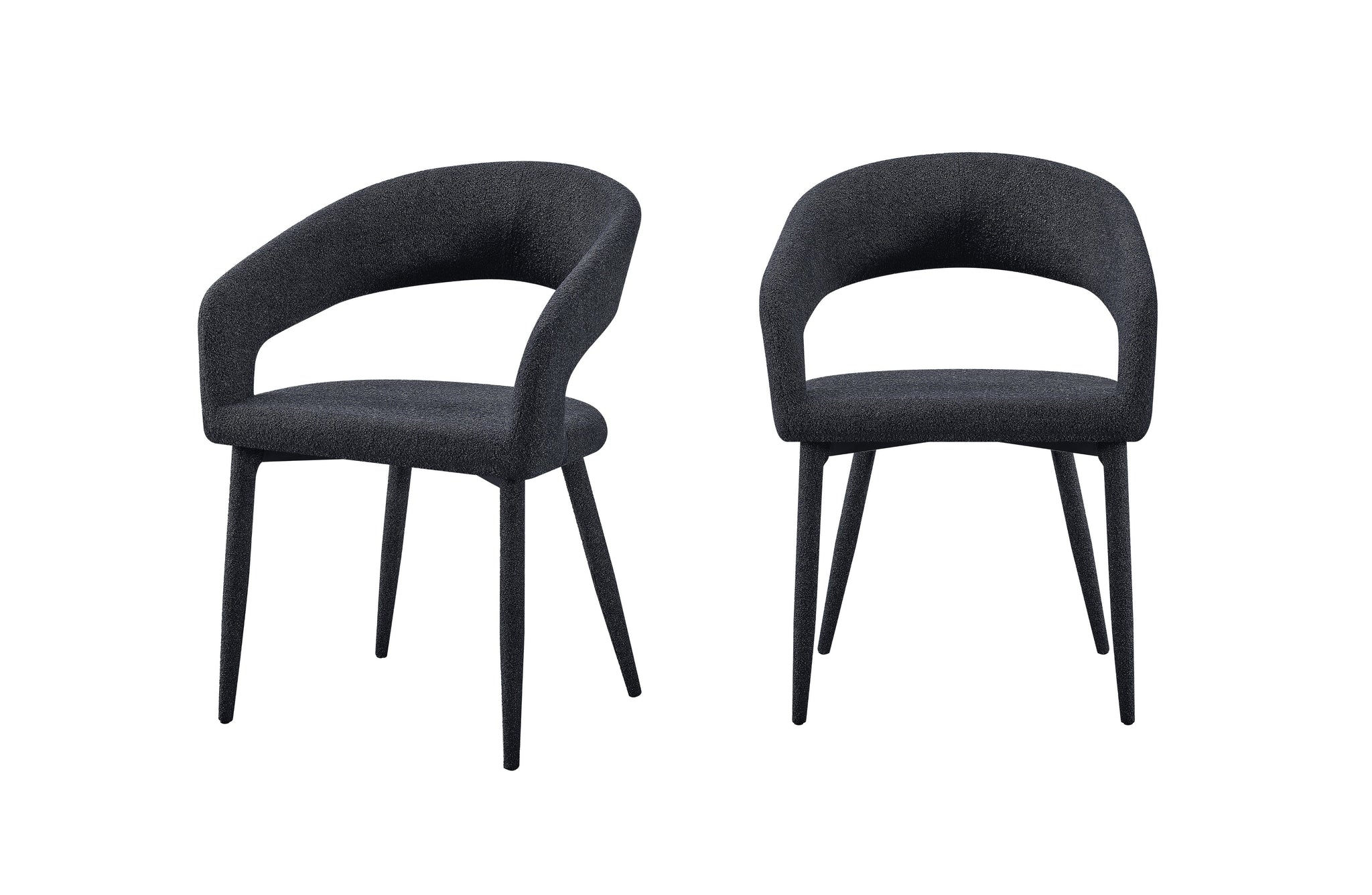 Set of 2 Marilyn boucle dining chairs in charcoal fabric with curved open back and black legs.