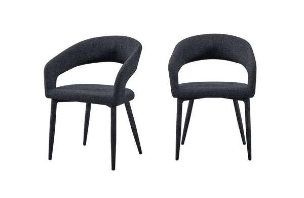 Set of 2 Marilyn boucle dining chairs in charcoal fabric with curved open back and black legs.