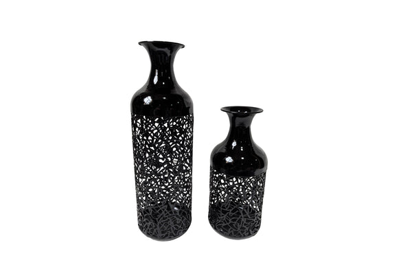 Stylish black Maya vase set with intricate cutout design for contemporary home décor.