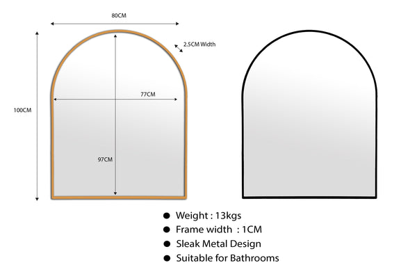 Small metal arch mirrors 100cm x 80cm, available in black and gold aluminum frames