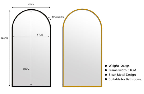 Extra large black and gold metal arch mirrors 200cm x 100cm, sleek modern design