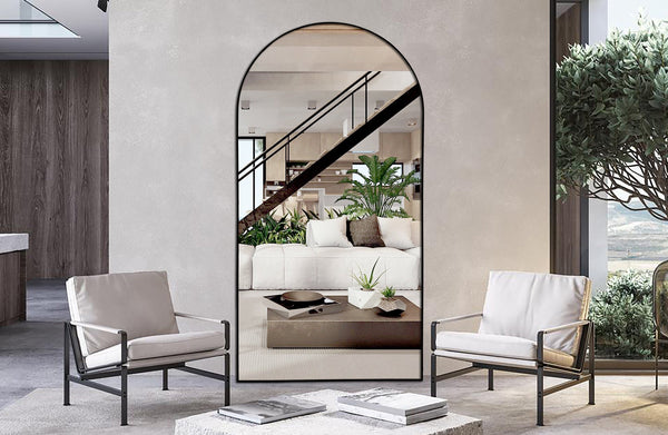 Black metal arch mirror extra large 200cm styled in a modern living room