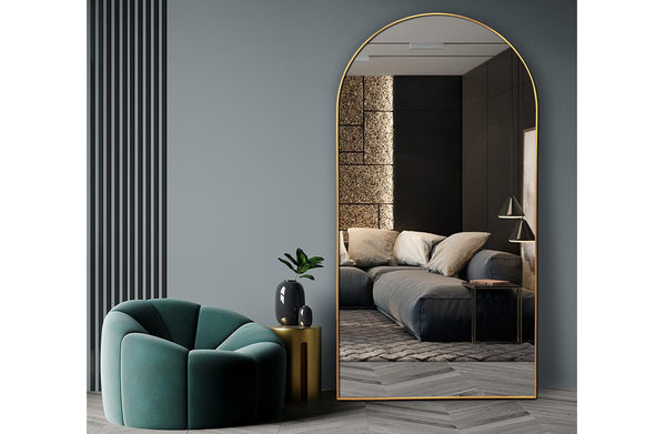 Gold metal arch mirror extra large 200cm styled in a bedroom setting