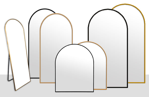 Collection of metal arch mirrors in black and gold frames, various sizes