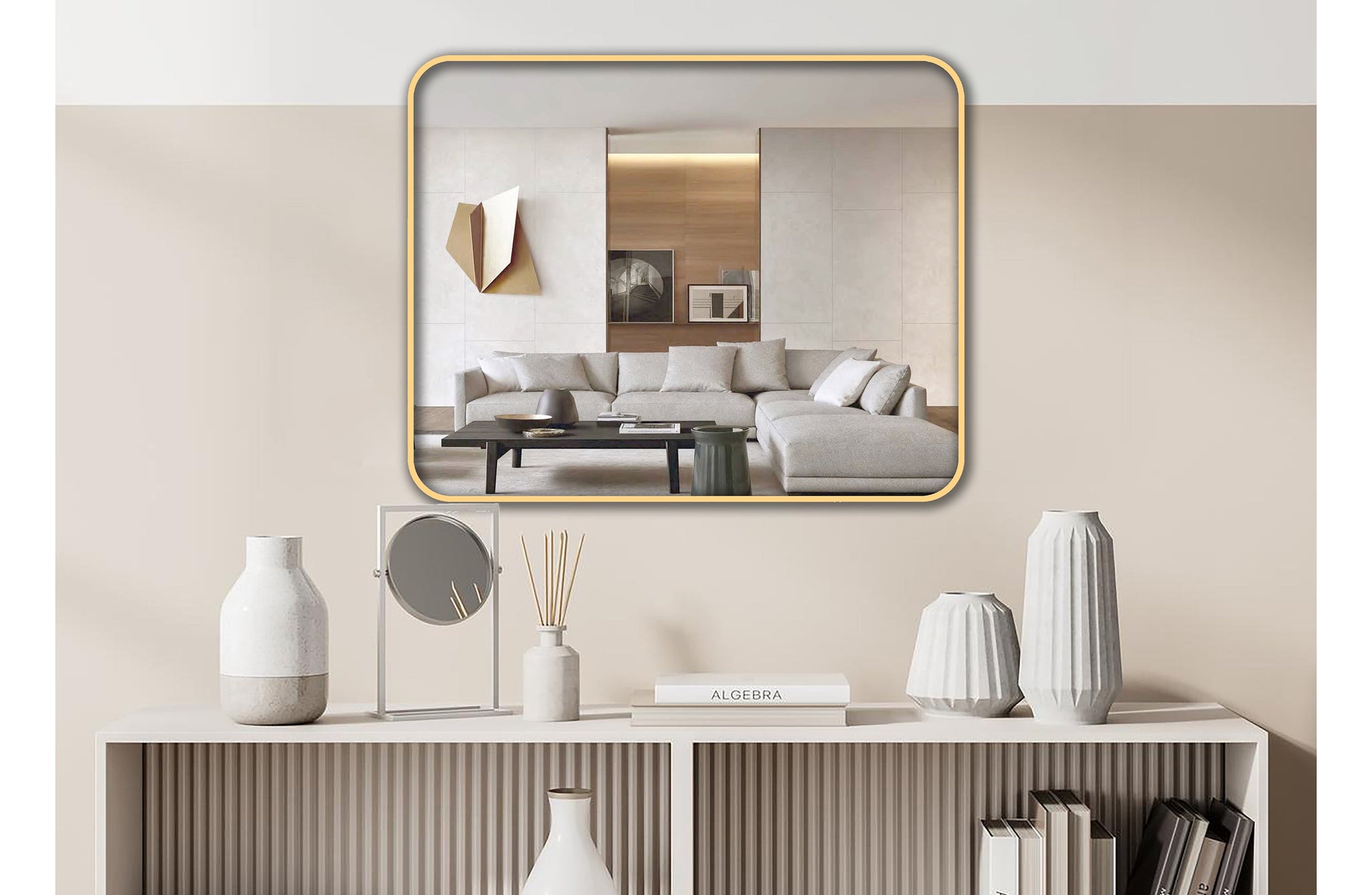 Elegant gold rectangle mirror styled above console table in contemporary living room