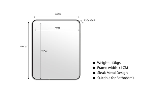 Technical drawing with dimensions for small black metal rectangle mirror, 80x100cm size.