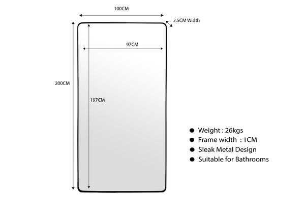 Technical drawing with dimensions for extra-large black metal rectangle mirror, 100x200cm size.