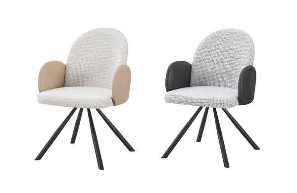Beige and black swivel dining chairs with curved arms offering modern comfort and stylish contrast