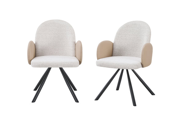 Beige and white swivel dining chair with arms providing cozy seating and modern elegance