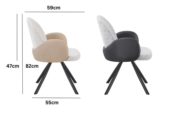 Side view of Mia swivel chair showing dimensions supportive backrest and comfortable arm design