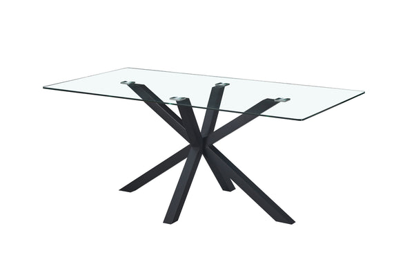 Miles dining table with black metal frame and clear tempered glass top.
