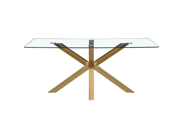 Miles dining table with polished gold frame and clear tempered glass top.