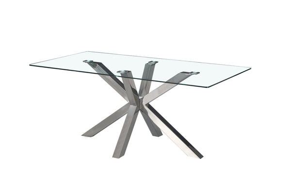 Miles dining table with polished silver frame and clear tempered glass top.