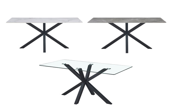 Miles rectangle dining table with black frame, available with glass, white marble, or grey marble top.