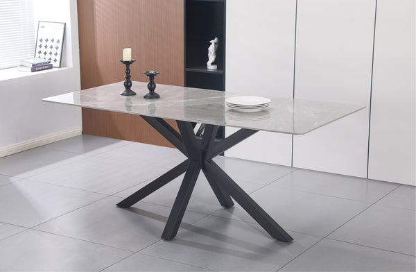 Miles rectangle dining table with black frame and grey marble top, elegant and modern dining style.