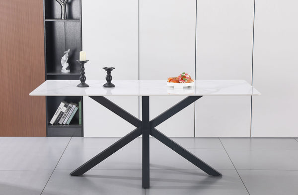 Miles rectangle dining table with black frame and white marble top in a modern dining room.