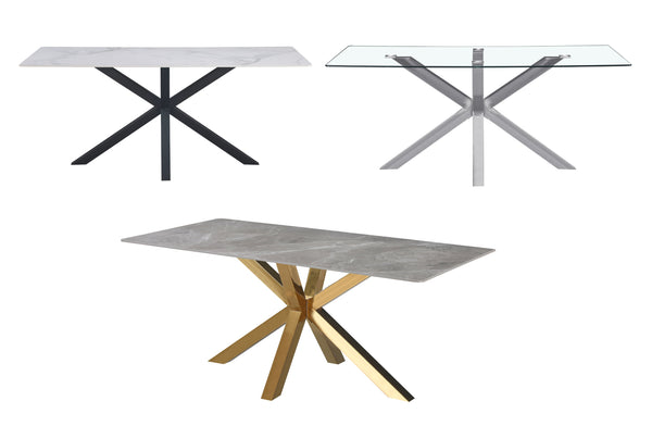 Miles rectangle dining table available with black, silver, or gold frame and glass, white marble, or grey marble top.