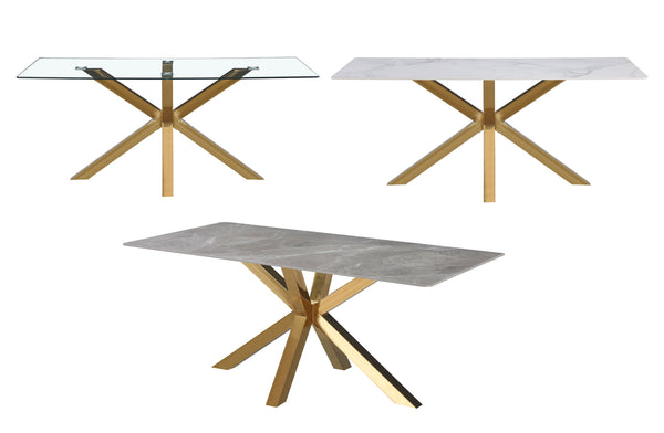 Miles rectangle dining table with gold frame, available with glass, white marble, or grey marble top.
