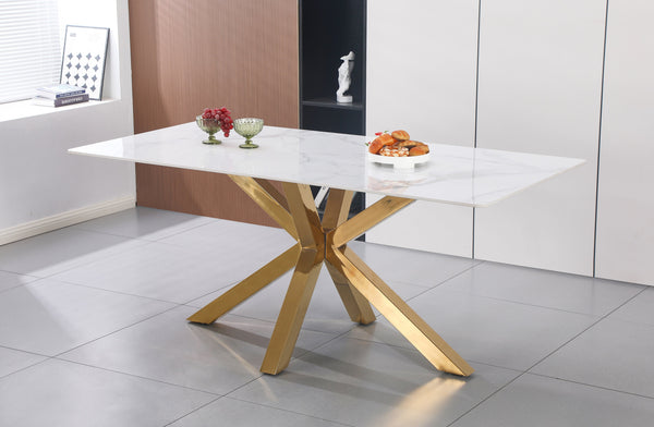 Miles rectangle dining table with polished gold frame and white marble top, modern dining room style.